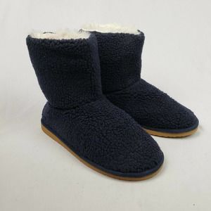 Lands' End Sherpa Fleece Bootie Slippers Navy NWT